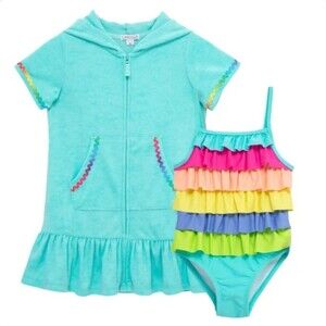 Flapdoodles 2T Rainbow Ruffle 2-piece Swim Set UPF Swimsuit + Coverup Dress NWT